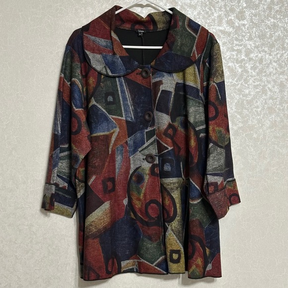 Shana Sweaters - Shana Abstract Geometric Print Button‎ Front Peter Pan Collar Jacket Multi M